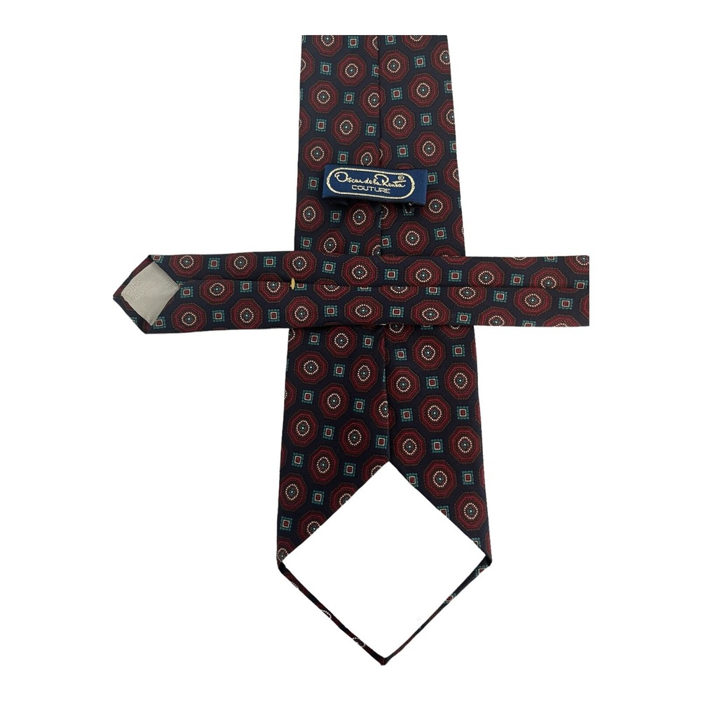 Vtg 80s Oscar de la Renta Couture Neck Tie Maroon Geometric Print Preppy Classic - Picture 5 of 5